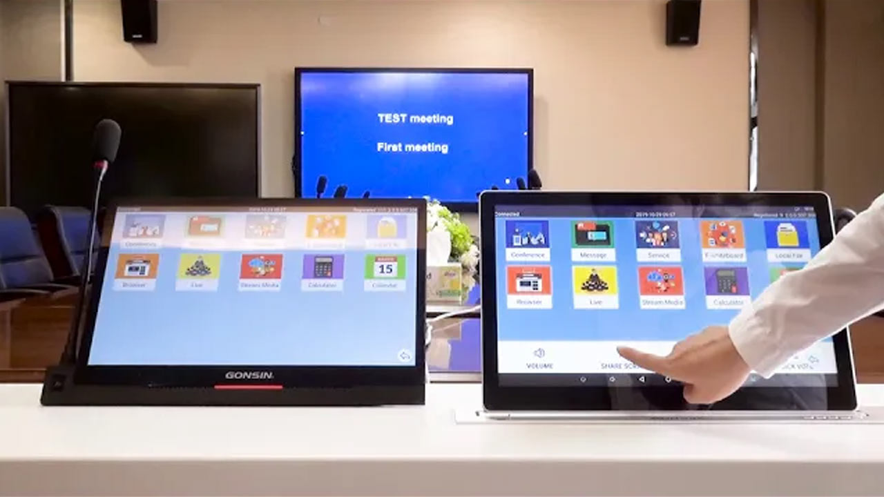 Демонстрация Lifter LCD системы конференции андроида Gonsin безбумажная